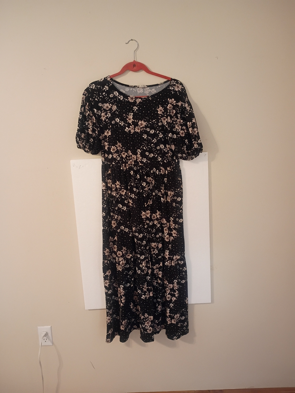 Black Floral Midi Dress with Puff Sleeves - Unbranded